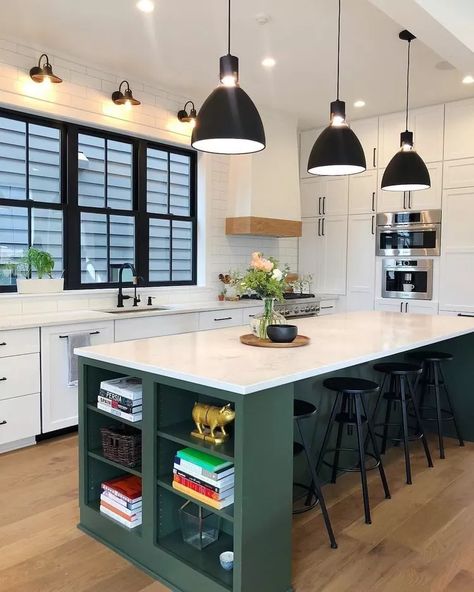 Island Color Ideas, Kitchen Island Color Ideas, Contrasting Kitchen Island, Green Kitchen Island, Green Island, White Cabinetry, White Countertops, Pink Kitchen, White Kitchen Cabinets