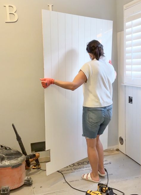 Full Wall Shiplap, Sheet Paneling Wall, Panel Shiplap Wall, Shiplap Sheets, Laundry Shiplap Wall, Paint Shiplap Walls, Accent Wall In White Kitchen, Vertical Shiplap Paneling, Install Paneling On Wall