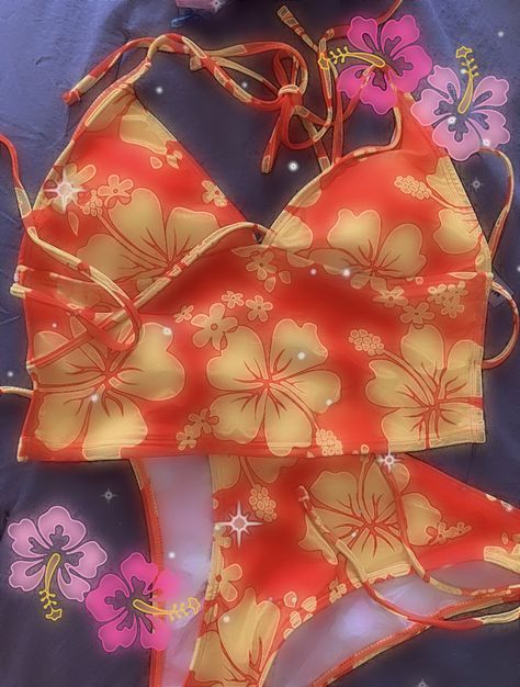 Summer Gyaru Aesthetic, Gyaru Summer Fashion, Tropical Gyaru Aesthetic, Coconut Core Outfit, Cute Gyaru Bikinis, Gyaru Swimwear, Gyaru Bathing Suit, Tropical Core Aesthetic Outfit, Orange Gyaru