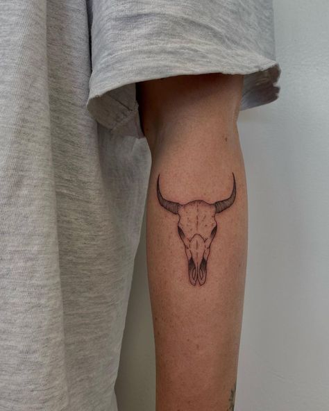 Bull Skull Tattoo Forearm, Longhorn Tattoo For Men, Under Elbow Tattoo, Cow Skull Tattoo, Longhorn Tattoo, Tattoo Under Breast, Cow Skull Tattoos, Bull Skull Tattoos, Underboob Tattoo Designs