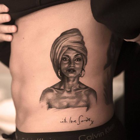 Portrait of the legendary singer/songwriter Sade on Drake's left side of the hip. Tattoo Artist: Niki Norberg Rappers Tattoos, Drake Tattoo Ideas, Sade Singer, Tina Turner Proud Mary, Drake Tattoos, Hip Hop Tattoo, Hop Tattoo, Artistic Tattoos, Full Body Picture