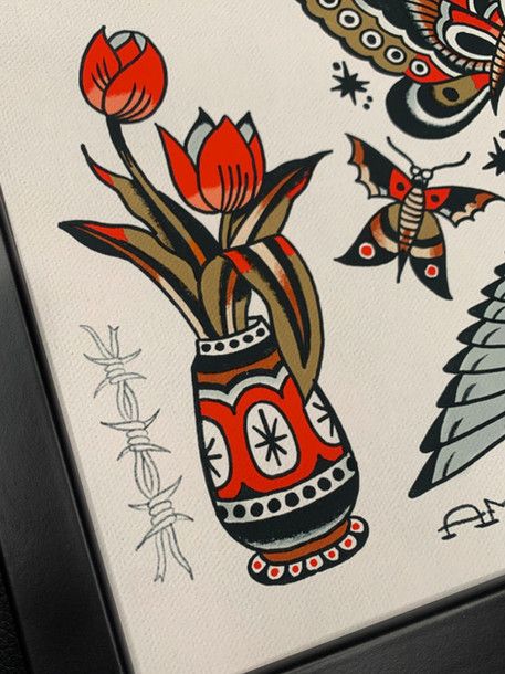 Traditional Tattoos Wallpaper, Traditional Flash Painting, Hand Tattoo American Traditional, Traditional Flower Pot Tattoo, American Traditional Painting, American Traditional Vase Tattoo, American Trad Flower, Old Fashion Tattoos, American Traditional Tattoos Color