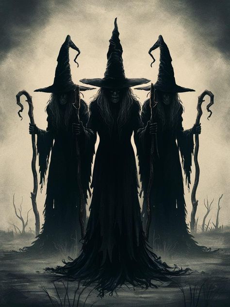 Step into the eerie magic of Halloween with this stunning "Dark Witch Trio" digital art print. Perfect for those who love the mystical and the macabre, this high-resolution artwork captures the haunting beauty of three shadowy witches standing in a foggy, desolate landscape. Their tattered robes and menacing stares invoke a chilling atmosphere, making this piece a perfect addition to your Halloween decor, gothic space, or witchy altar. Designed to make an impact, this artwork is guaranteed to ca Three Witches Art, Dark Witch Art, Witch Aesthetic Halloween, Witch Drawings, Dark Witch Aesthetic, Halloween Witch Art, Witch Artwork, Witchy Altar, 3 Witches