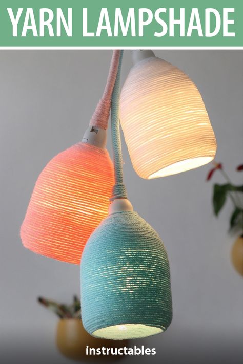 Upcycle old plastic bottles into lampshades by wrapping them with yarn! #Instructables #reuse #upcycle #lighting #craft Plastic Lampshade Makeover, Yarn Wrapped Lampshade, Diy Wall Lamp Shade, Upcycle Plastic Bottles Creative Ideas, Upcycling Lampshades, Yarn Lampshade Diy, Upcycle Lampshade, Yarn Lampshade, Lighting Craft