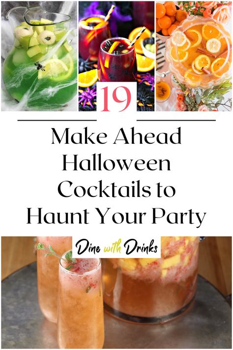 Collage of 4 make ahead halloween cocktails. Cocktails For Halloween Party, Fun Easy Halloween Cocktails, Summerween Party Drinks, Fun Halloween Cocktail Recipes, Easy Halloween Party Drinks Alcohol, Halloween Party Cocktails Punch, Halloween Party Batch Cocktails, Halloween Drink For A Crowd, Halloween Drinks For A Crowd Alcoholic