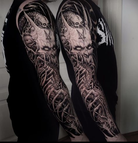 Good design, well executed horror sleeve Goth Full Sleeve Tattoo, Heavy Black Work Tattoo, Horror Arm Sleeve Tattoo, Goth Tattoo Men, Demonic Tattoo Designs, Demon Sleeve Tattoo, Horror Tattoo Sleeve, Horror Sleeve Tattoo, Brutal Tattoo