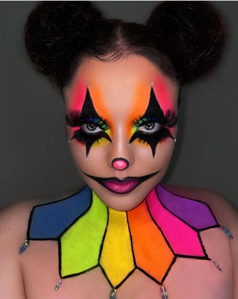 Colorful Clown Makeup Halloween, Carnival Clown Makeup, Crazy Clown Makeup, Neon Clown Makeup, Clown Face Painting, Colorful Clown Makeup, Clown Makeup Looks, Maleficent Makeup, Halloween Makeup Clown