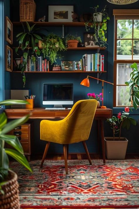 Mid-century Modern Home Office: Stylish Productivity Midcentury Home Office Design, Cozy Modern Office Design, Office Ideas Mid Century Modern, Madmen Office Decor, Mid Century Academia, Mid Century Modern Office Interior, Modern Aesthetic Office, Fun Office Interior, Mid Century Modern Art Studio