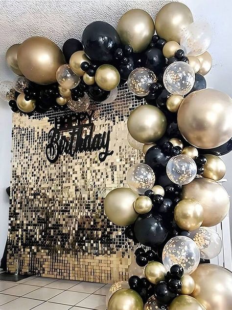 123pcs Black Golden Balloon Garland Arch Kit Gold Confetti Latex Ballon For Wedding Birthday Anniversary Party Decoration | SHEIN USA Black Golden Silver Balloon Decoration, Black And Golden Theme Birthday Party, Golden Balloon Arch, Black And Gold Bday Party Decor, Golden Themed Birthday Party, Black And Golden Birthday Decoration, Golden Balloon Decoration, Bday Decoration, Birthday Wear