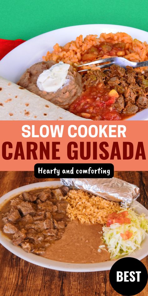 Learn how to make carne guisada in a crock pot with this easy and delicious recipe. It’s a Mexican-style beef chuck roast that is seasoned with onion, garlic, cumin, and tomato. Enjoy it with rice or tortillas. Mexican Beef In Crockpot, Crockpot Carne Guisada Slow Cooker, Ground Beef Carne Guisada, Carne Guisada Recipe Mexican Crock Pot, Carne Guisada Recipe Crockpot Crock Pot, Stew Meat Recipes Crock Pot Mexican, Beef Chuck Roast Recipes Mexican, Crock Pot Carne Guisada, Carne Guisada Crock Pot