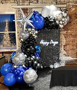 Black Silver Balloon Garland, Balloons For Men, Blue Birthday Themes, Men 30th Birthday, Disco Ball Balloons, Silver Balloon Garland, Ball Balloons, 90s Disco, Music Birthday Party