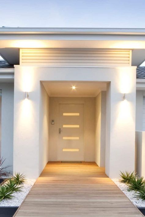 White Glass Front Door, White Front Doors Exterior, White House White Front Door, White Modern Front Door, Modern White Front Door, Light Brown Front Door, White House Door Color Ideas, White Front Door Ideas, Front Door Lighting Exterior