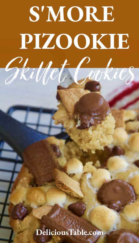 S'more Pizookie Skillet Cookies have milk chocolate, peanut butter cups, graham crackers, and marshmallows all melted together in a gooey pizookie cookie recipe. Bake in cast iron skillets or on cookie sheets! #pizookie #smorecookie #smore #skilletcookies #castironbaking Cast Iron Skillet Cookie, Pizookie Recipe, Quick Summer Desserts, Skillet Cookies, Skillet Chocolate Chip Cookie, Cast Iron Skillets, Peanut Butter Marshmallow, Marshmallow Cookies, Easy Chocolate Desserts