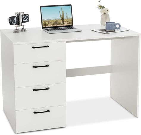 Spacious Tabletop for Multiple Purposes: With a spacious desktop, this modern computer desk turns your bedroom, home study or living room into ideal work space for working from home. The 43.5” x 23.5” surface is enough for a computer monitor, a keyboard, books and other work supplies. White Writing Desk, White Computer Desk, Modern Executive Desk, Vanity Makeup Table, Modern Home Office Desk, Writing Desk Modern, Modern Computer Desk, Desk Study, Home Office Computer Desk