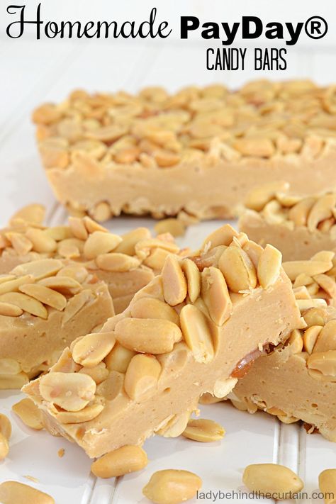 Homemade PayDay®️️ Bars | Even though Pay Day is my number one favorite candy bar nothing compares to this homemade version.  This is the easiest copycat Pay Home Made Payday Bars, Payday Recipe, Homemade Payday, Bars With Peanut Butter, Payday Bars, Payday Candy, Payday Candy Bar, Homemade Candy Bars, Candy Bar Recipe