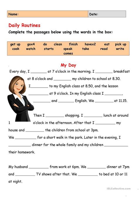 Daily Routines - English ESL Worksheets for distance learning and physical classrooms Beginner Esl Lessons For Adults, Esl Daily Routine Worksheets, Teaching Adults English, Esl Daily Routines, Beginner English Lessons For Adults, Daily Routine For Adults, Elementary English Worksheets, Daily Routine Vocabulary English, English Worksheets For Beginners