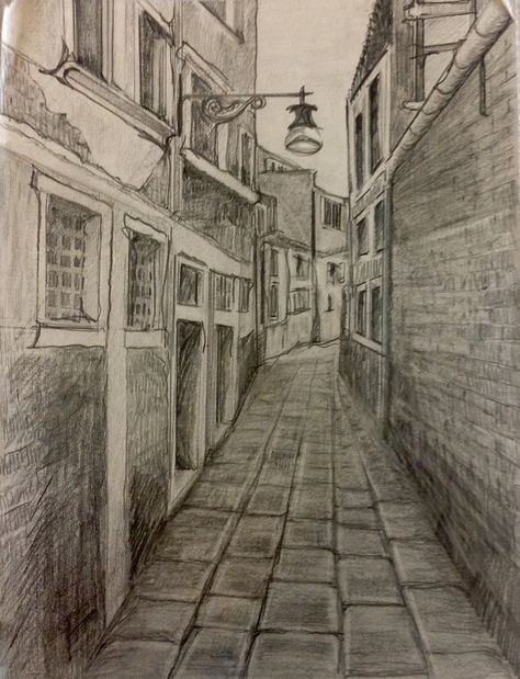 Sketches Of Places, Drawing Street, Streets Sketch, Streets Drawing Perspective, Street Drawing Sketches, Street Scenes Drawing, Street With Buildings Drawing, Alley Way Drawing, Alleyway Drawing