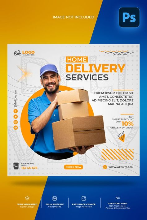 Fast home delivery service marketing and promotion social media PSD editable post design template. Well-organized all layers and groups, designed in Adobe Photoshop with free commercial fonts used. Marketing Social Media Post, Logistics Design, Travel Website Design, Magazine Design Cover, Service Marketing, Free Commercial Fonts, Presentation Design Layout, Social Media Advertising Design, Social Media Post Template