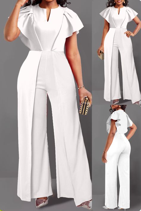 This asymmetry long v neck short sleeve white jumpsuit is a stylish and elegant outfit perfect for a cocktail party or a special occasion. The jumpsuit features a v-neck, short sleeves, and a long asymmetrical hem. It has a split detail on the side and patchwork detailing on the front. The wide-leg pants are made of a comfortable and breathable 97% polyester and 3% spandex blend. #asymmetryjumpsuit #whitejumpsuit #vneckjumpsuit #shortsleevejumpsuit #longjumpsuit #whitefashion #summerfashion White Party Outfits Women, Jumpsuits For Women Classy, Short Jumpsuit Outfit, Cocktail Jumpsuit, White Outfits For Women, White Party Outfit, Classy Jumpsuit, 2piece Outfits, Rompers For Women