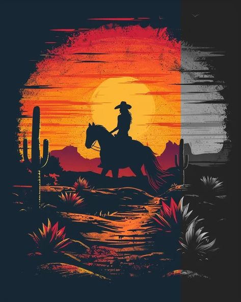 Full Color Image in ai-img-gen.com 🔸 Sunset Cowgirl Riding Horse Wild Flowers, Cactus - Wild Horses, vector , tshirt design --ar 4:5 --v ... 🔸 From Midjourney AI Image Cowgirl Riding Horse, Dark Silhouette, Fiery Sunset, Riding Horse, Sun Setting, Color Image, Desert Landscape, Desert Plants, Wearing A Hat