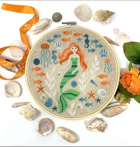 Mermaid Garden Cross Stitch Pattern – Cross-Stitch Shell Cross Stitch, Garden Cross Stitch Pattern, Mermaid Garden, Mermaid Cross Stitch, Shell Cross, Free Cross Stitch Designs, Biscornu Cross Stitch, Garden Cross Stitch, Garden Cross