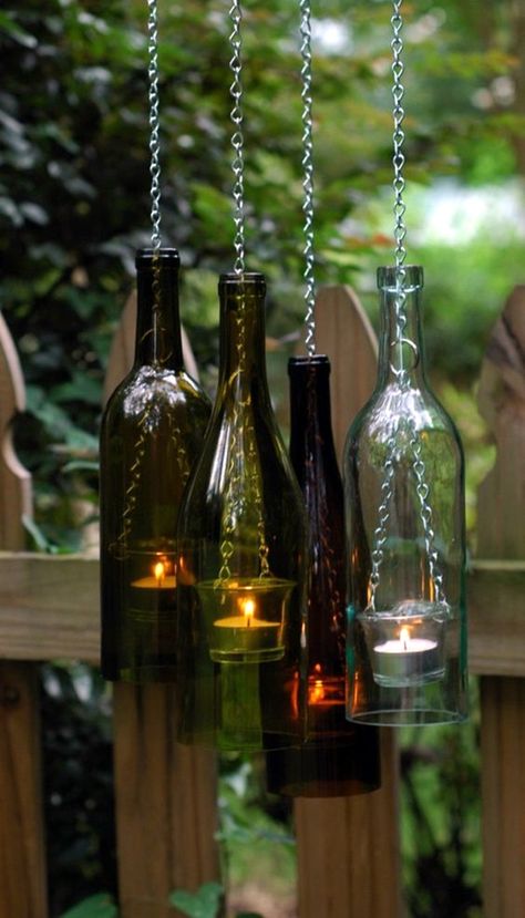 Cool Wine Bottles Craft Ideas (2) Wine Bottle Lanterns, Wine Bottle Project, Old Wine Bottles, Outdoor Lighting Design, Diy Outdoor Lighting, House Lamp, Diy Lampe, Wine Craft, Wine Bottle Art