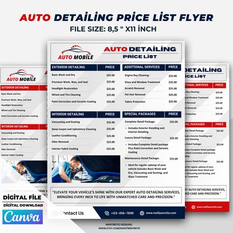 Auto Detailing Servicing Price List Flyer, Car Detailing Flyer Template Car Interior Detailing Checklist, Detailing Price List, Car Detailing Flyer, Flyer Car, Cleaning Pet Hair, Flyer Size, Clean Tires, Auto Detailing, Pet Hair Removal