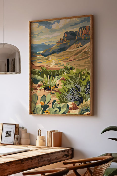 Capture the stunning beauty of Texas with this artisan crafted paint-by-number style art print featuring a breathtaking landscape scene from the Big Bend region. This high-quality wall art showcases the dramatic desert scenery, majestic mountains, and vibrant sunsets that define Big Bend's unique charm. Perfect for home decor or a thoughtful gift, this ready-to-hang artwork brings the essence of Texas nature into any space. Big Painting On Wall, Big Art Pieces, Arizona Home Decor, Artsy Home Decor, Arizona Bedroom, Texas Bedroom, Texas Wall Decor, Texas Nature, Flamboyant Style