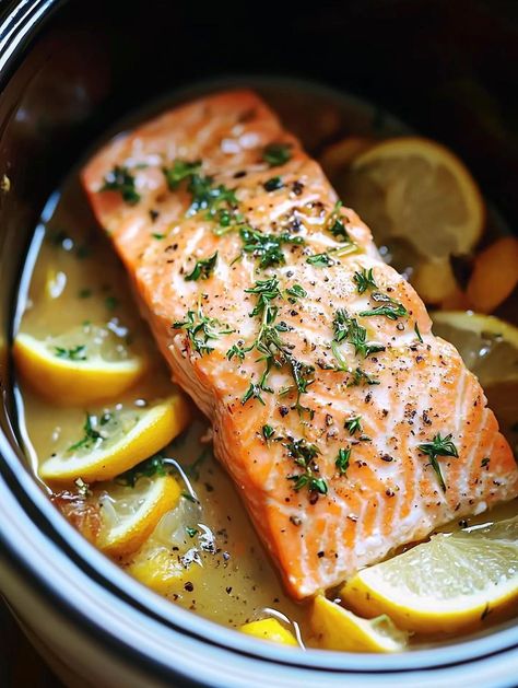 via @thenandnowspace Slow Cooker Recipes Fish, Crockpot Fish Recipes Slow Cooker, Crock Pot Salmon Recipes, Crockpot Recipes Fish, Pescatarian Crockpot Recipes, Slow Cooker Salmon Recipes, Crockpot Salmon Recipes, Crock Pot Salmon, Crockpot Fish Recipes