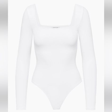 Nwt Aritzia Babaton Contour Long Sleeve Bodysuit Size: Small Color: White Blanc New With Tags! Never Been Worn, In Perfect Condition! London Fits, White Long Sleeve Bodysuit, Obx Dr, Mcu Dr, Bodysuit Tops, Birthday Inspo, Square Neck Bodysuit, Aritzia Babaton, Bodysuit Fashion