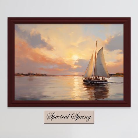 Sunset Sailing, Art Sunset, Painting Printable, Coastal Life, Ocean Wall Art, Sunset Art, Painting Digital, Sunset Painting, Calm Water