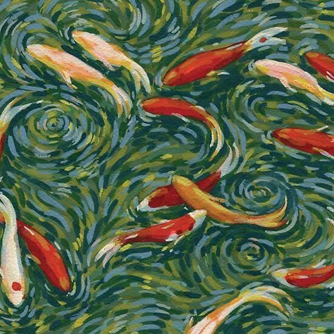 Backyard Koi Pond, Arte Sketchbook, Arte Inspo, Koi Pond, Art Collage Wall, Painting Inspo, Painting Art Projects, Gouache Painting, Funky Art