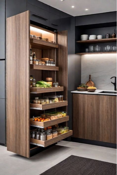 Modern floor-to-ceiling kitchen pantry Smart Storage In Kitchen, Modern Pantry Cabinet Design, Pantry Modern Design, Modern Kitchen With Pantry, Kitchen Pantry Ideas Walk In, Creative Pantry Ideas, Bar In Pantry, Kitchen Design Storage, Pantry Cupboard Designs