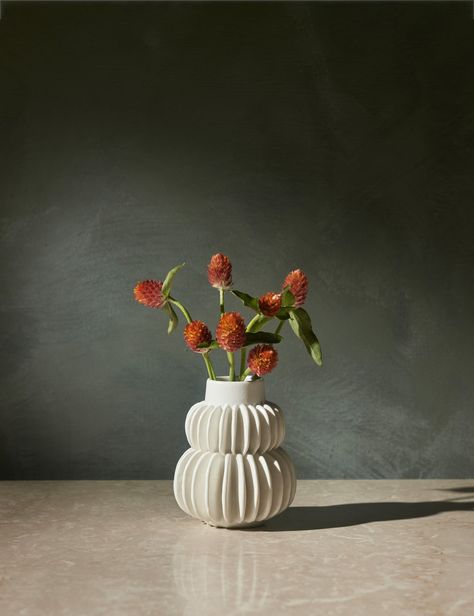 This ceramic vase features two rows of half-moon discs fanned around a tapered body, offering dynamic appeal from every angle. The sculptural silhouette of this pleated design is perfect for echoing architectural lines, plus a watertight construction lets you add height and dimension to your table or mantle with fresh flowers. Cool Vases, Abstract Vases, Ceramic Pottery Vase, Ceramics Vase, Unique Flower Vases, Mantel Mirrors, White Ceramic Vase, Ceramic Flower Vase, Vase Pottery