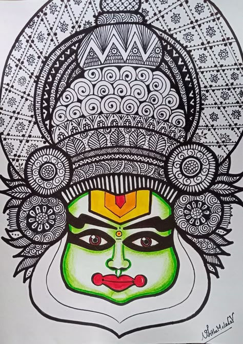 Kathakali Face Drawing, Kathakali Face, Mandala Sketch, Doddle Art, Easy Mandala Drawing, Boho Painting, Mandala Art Therapy, Pen Art Drawings, Disney Art Drawings