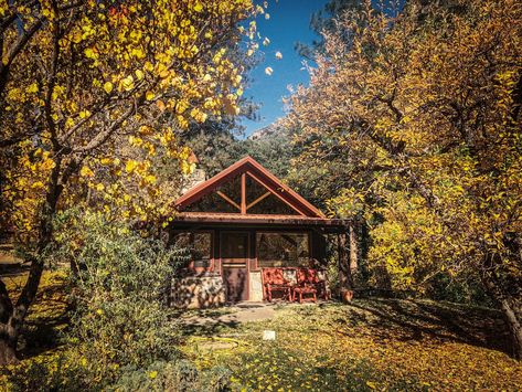 Orchard Canyon on Oak Creek In Arizona is surrounded by fall foliage, offering a cozy cabin getaway rife with enchantment. Oak Creek Canyon Arizona, Fall Weekend Trip, Verde Canyon Railroad, Fall Weekend Getaway, Oak Creek Canyon, Creepy Ghost, Fall Getaways, Leaf Peeping, Getaway Cabins