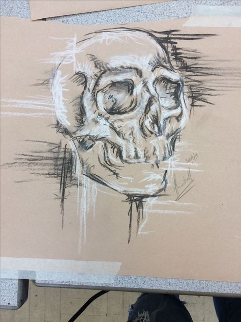 Chalk and Charcoal skull, drawing/sketch Chalk And Charcoal Drawings, Conte Crayon Drawings, Charcoal Skull, Conte Crayon, Skull Drawing, Journal Inspo, Gcse Art, Charcoal Drawing, Chalk Art