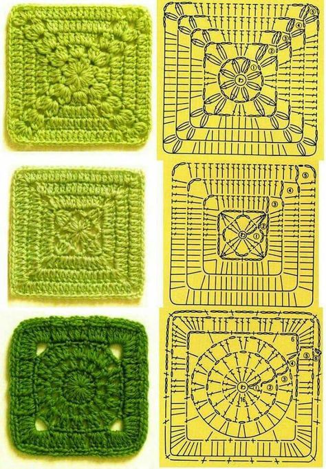 Solid Granny Square charts                                                                                                                                                                                 More Crocheted Squares, Beau Crochet, Granny Pattern, Confection Au Crochet, Crochet Blocks, Crochet Simple, Crochet Square Patterns, Granny Squares Pattern, Crochet Diy