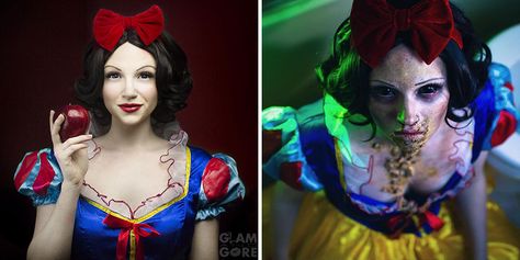 Snow White Before And After The Poisoned Apple Disney Princess Zombie, Frankenstein Makeup, Snow White Makeup, Disney Inspired Makeup, Disney Princess Makeup, Special Effects Makeup Artist, Gore Makeup, American Makeup, Princess Makeup