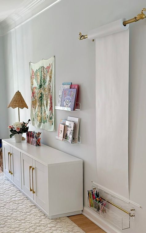 Check out how to recreate your own DIY wall mounted easel using Amazon finds. #arinsolangeathome #homedecor #amazonfinds #DIY Wall Mounted Easel, Ikea Easel, Wall Easel, Diy Easel, Spray Paint Wood, Kids Easel, Space Saving Shelves, Dry Wall, Gold Curtains