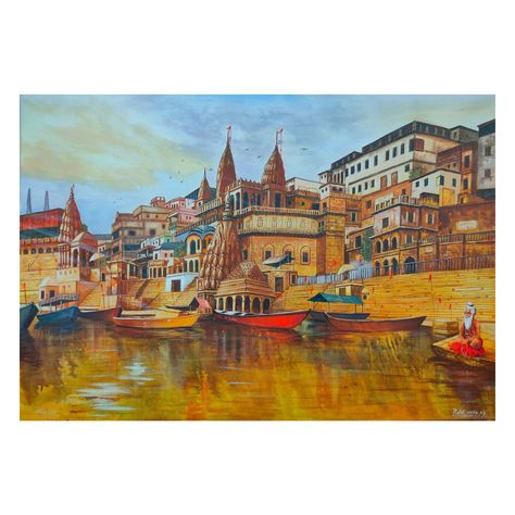 Banaras the religious capital of India. Banaras ghat (ART_8295_60569) - Handpainted Art Painting - 35in X 24in by Artist Pratik Vyas. Please click here to buy this painting https://www.fizdi.com/banaras-ghat-art_8295_60569-handpainted-art-painting-35in-x-24in/ #fizdiofficial #banaras #india #incredibleindia #ganga #instagood #ghat #ghatsofvaranasi #ganges #varanasighats #varanasi #kashi #acrylic #canvas #acrylicpainting #painting Ganga Ghat Drawing, Banaras Painting Canvases, Kashi Ghat Painting, Kashi Painting, Varanasi Ghat Painting, Ganga Ghat Painting, Ganga Painting, Banaras Ghat Painting, Varanasi Painting