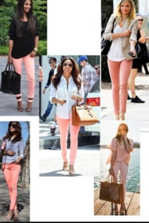 Peach jeans Rose Color Pants Outfits, Salmon Jeans Outfit, Blush Pants Outfit Work Wear, Peach Jeans Outfit, Outfits With Peach Pants, Apricot Pants Outfit, Peach Trousers Outfits, What To Wear With Pink Pants, Salmon Pants Outfit