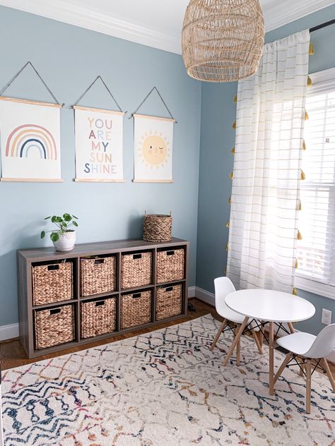 Playroom Laundry Room Combo, Dining Room And Playroom, Long Narrow Playroom, Blue Playroom Ideas, Downstairs Playroom Ideas, Light Blue Playroom, Neutral Playroom Paint Colors, Dining Room Playroom Conversion, Playroom Corner In Living Room