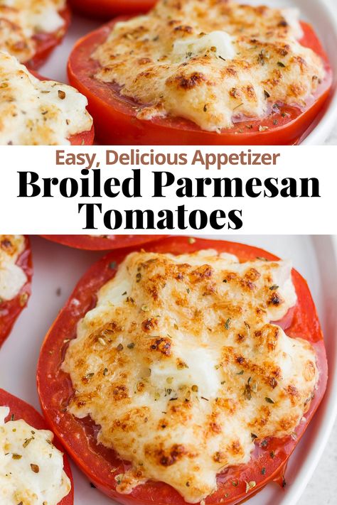 Broiled Parmesan Tomatoes - a quick and easy 15 minute appetizer that is always a crowd-pleaser! #broiledtomatoes #parmesantomatoes #quickappetizer #easyappetizer #broiledtomatoesrecipe #thewoodenskillet Parmesan Crusted Tomatoes, Broiled Tomatoes, Baked Tomato Recipes, Parmesan Tomatoes, Baked Parmesan Tomatoes, Wooden Skillet, Vegetarian Party Food, Tomato Snacks, Italian Tomatoes