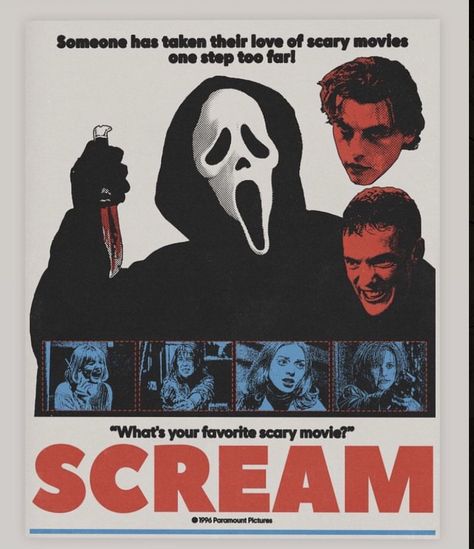 Scream Movie Poster, Halloween Movie Poster, Scream 1996, Film Poster Design, Scream Movie, Horror Posters, Title Sequence, Horror Movie Posters, Vintage Horror