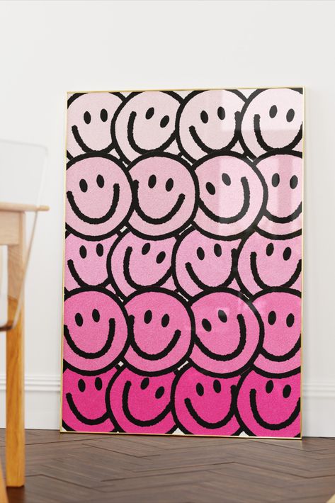 Pink Gradient Preppy Smiley Face Print, Apartment Decor Aesthetic, Maximalist Wall Poster Preppy Smiley Face, Apartment Decor Aesthetic, Funky Aesthetic, Thrift Store Art, Smiley Face Print, Maximalist Wall, Maximalist Wall Art, Funky Decor, Funky Home Decor