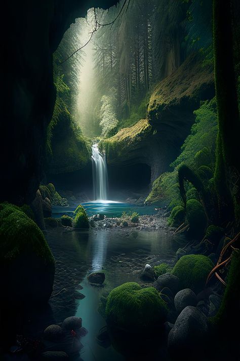 This design features a waterfall cascading down a mountain, surrounded by lush green foliage and a flowing river. The silver-colored water of the waterfall glistens in the sunlight, creating a mesmerizing and serene image. Flowing River, Silver Ribbon, Beautiful Sites, Fantasy Places, Beautiful Landscape Wallpaper, Fantasy Art Landscapes, Fantasy Aesthetic, Green Foliage, Beautiful Fantasy Art