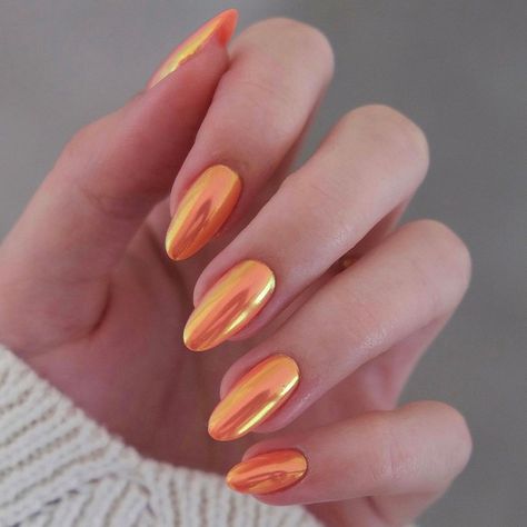 Orange Nail Designs, Orange Nail, August Nails, Chrome Nails Designs, Her Nails, Almond Nails Designs, Metallic Nails, Orange Nails, Yellow Nails