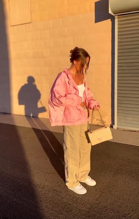 #outfit #dress #pink #vacation #chanel #paris #parachute Pink Rain Jacket Outfit, Rain Jacket Outfit, Pink Vacation, Windbreaker Outfit, Fit Checks, Pink Windbreaker, Pink Rain, Jacket Outfit, Outfit Dress