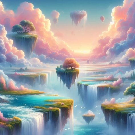 A beautiful dream land . . a painting of a waterfall in the sky, dream scenery art, fantasy art landscape, fantasy landscape painting, beautiful fantasy painting, fantasy matte painting，cute, epic dreamlike fantasy landscape, whimsical fantasy landscape art, mystical fantasy landscape, impressive fantasy landscape, atmospheric dreamscape painting, clouds. fantasy, symmetrical fantasy landscape, very beautiful fantasy art, fantasy landscape, dreamy matte painting . . . . . . #nature #nat... Fantasy World Art Dreams, Fantasy Sky Art, Sky Fantasy Art, Dream Art Fantasy, Dreamscape Painting, Fantasy Art Landscape, Fantasy Landscape Painting, Dream Scenery, Art Fantasy Landscape